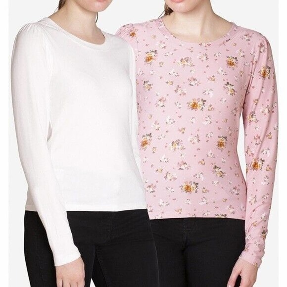 Ultra Flirt Tops - JR628 Ultra Flirt White Solid Pink Floral Juniors Puff-Sleeve Tops 2-Pack Size S